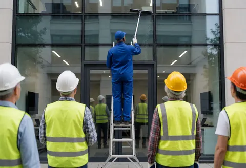 Worker on ladder cleaning office glass with squeegee while others watch from below