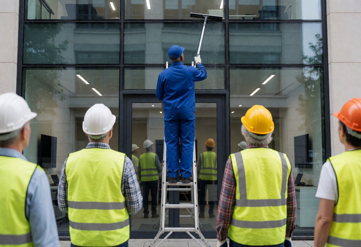Worker on ladder cleaning office glass with squeegee while others watch from below