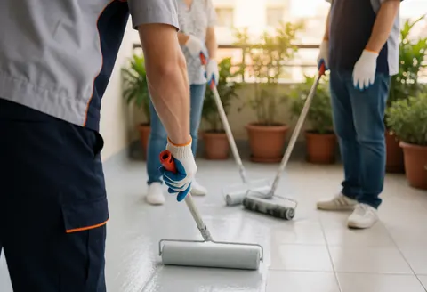 Technician wearing gloves uses a roller to apply waterproofing paint on tiled surface with potted plants during sunset