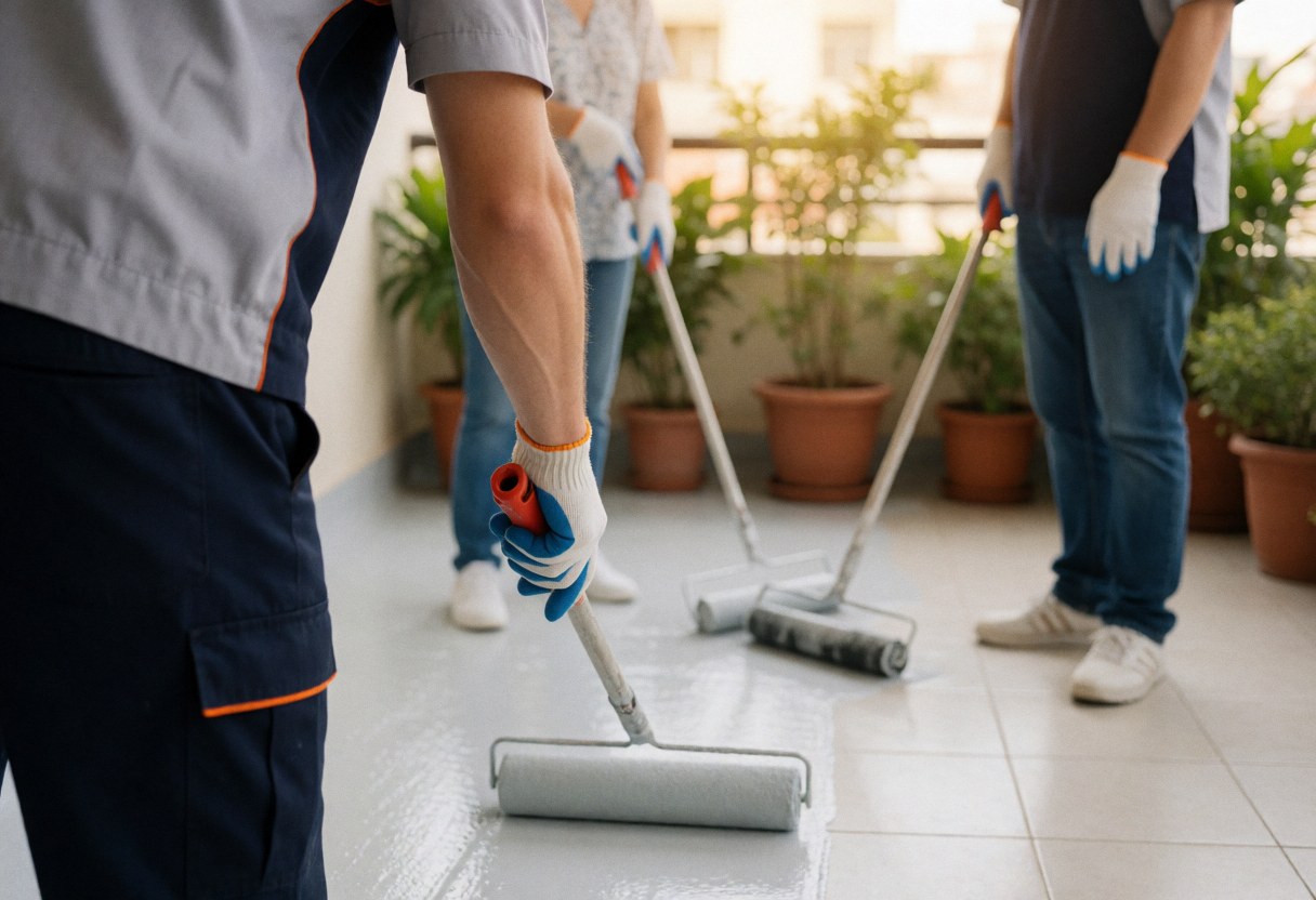 Technician wearing gloves uses a roller to apply waterproofing paint on tiled surface with potted plants during sunset