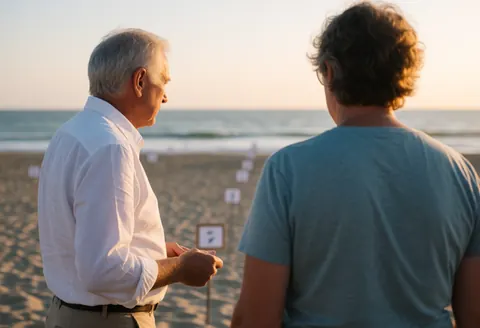 A party coordinator and client review markers on the beach at sunset to plan an event.