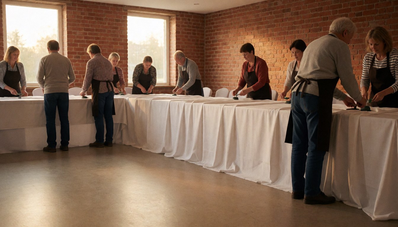 Adults in aprons adjusting white tablecloths on a long table in a brick-walled room with natural light