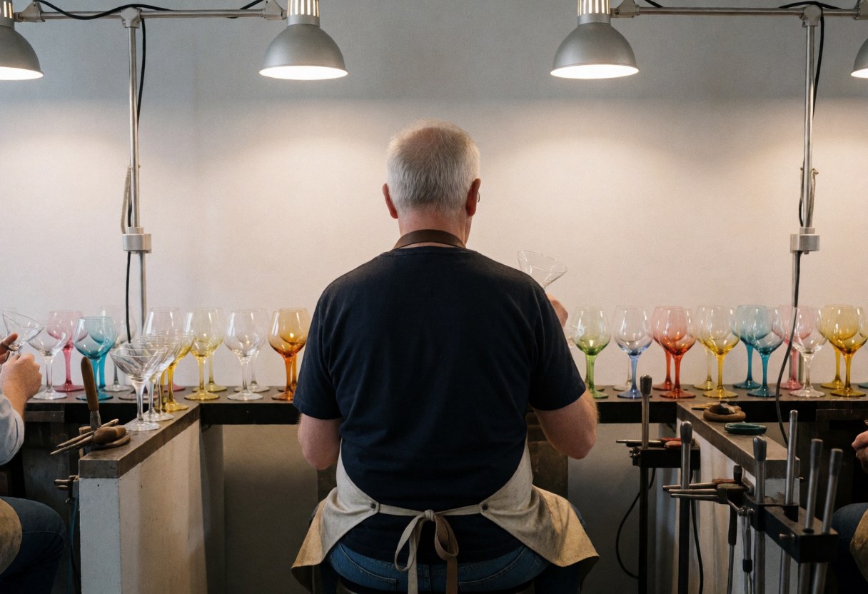 Glassblower working in a studio with colorful glass goblets on shelves, work lights, and gray walls