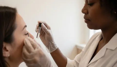 A professional in white gloves applies eyelash extension glue to a client in a salon with white walls and lab attire.