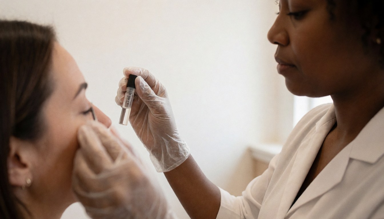 A professional in white gloves applies eyelash extension glue to a client in a salon with white walls and lab attire.