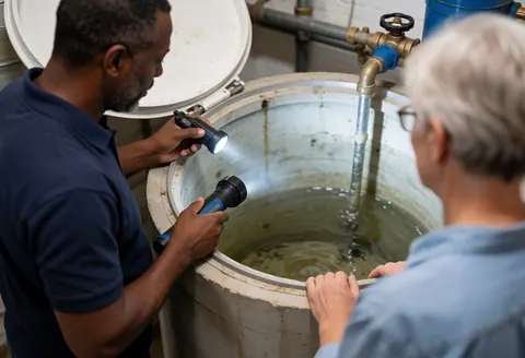 A plumber uses a flashlight to inspect the bottom of a water tank with murky water while a person watches the work.