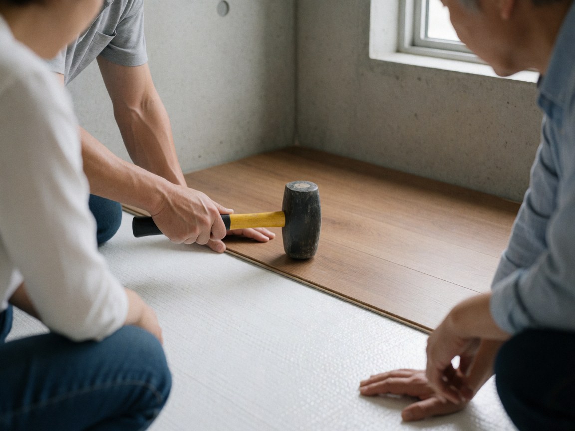 Three workers install hardwood flooring over white underlayment in a room with concrete walls.