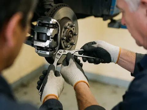 Close-up of gloved hands using a tool to adjust a motorcycle brake caliper in a workshop with beige walls.