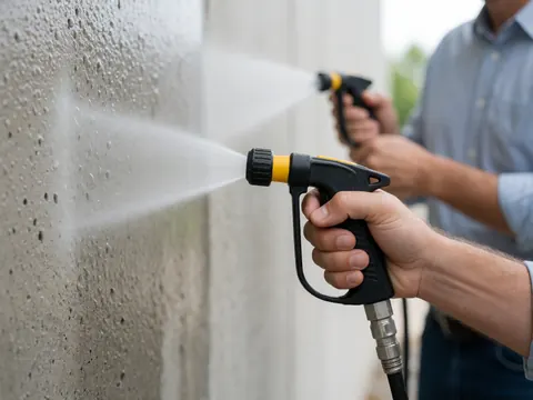 A hand holding a spray gun applying waterproofing sealant onto a wet concrete wall during construction work.