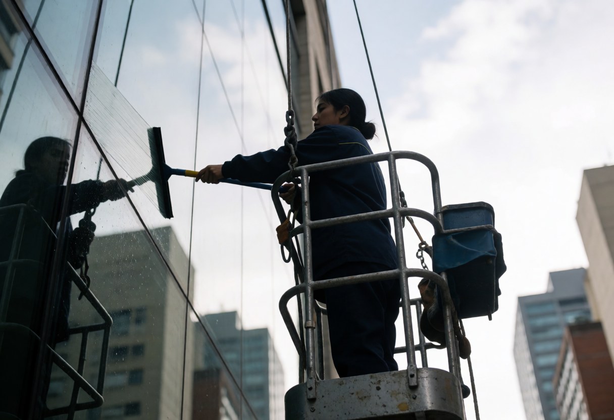 Worker in bosun chair cleaning office building windows with squeegee against clear sky