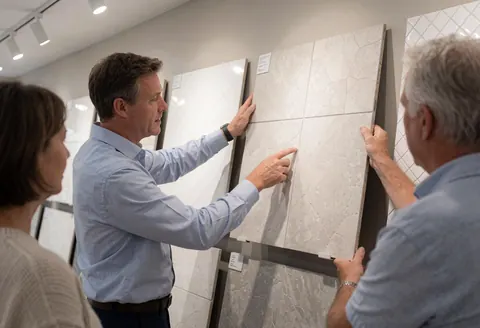 Installer and client review flooring samples in a store with track lighting and neutral walls