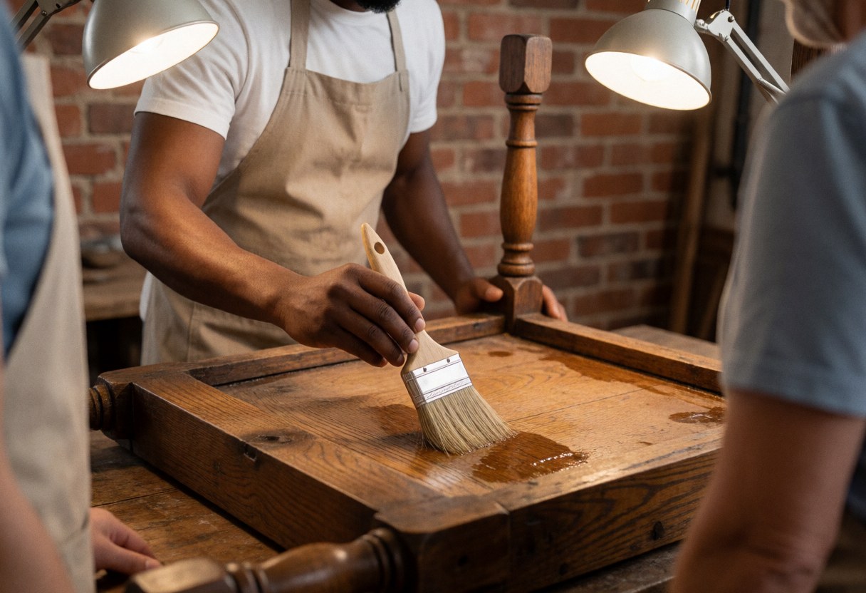Carpenter applying treatment to antique wooden table in workshop with brick wall and work light