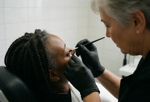 A technician wearing gloves applies gel to a client's eyelash extensions in a salon with white tiled walls.