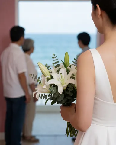 Woman in a white dress holding a bouquet of white lilies looking out at the ocean with a pink wall in the background