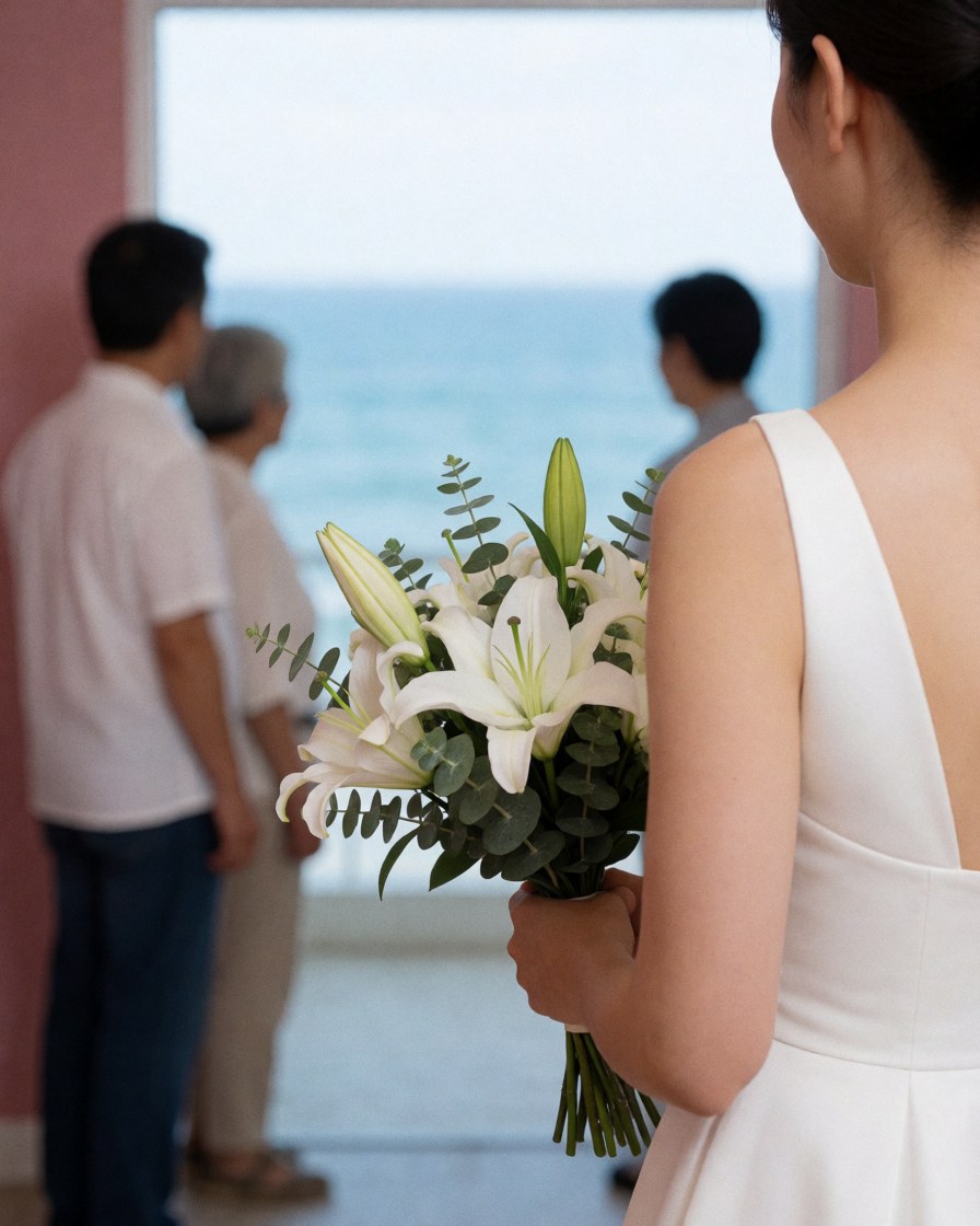 Woman in a white dress holding a bouquet of white lilies looking out at the ocean with a pink wall in the background