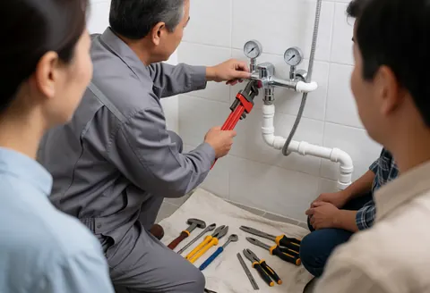 Plumber in gray uniform uses red wrench to adjust shower valve near white PVC pipes in tiled bathroom