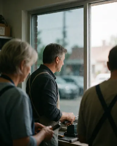 Three people working on a glass window in a workshop, one observing, another using tools, demonstrating window repair service.