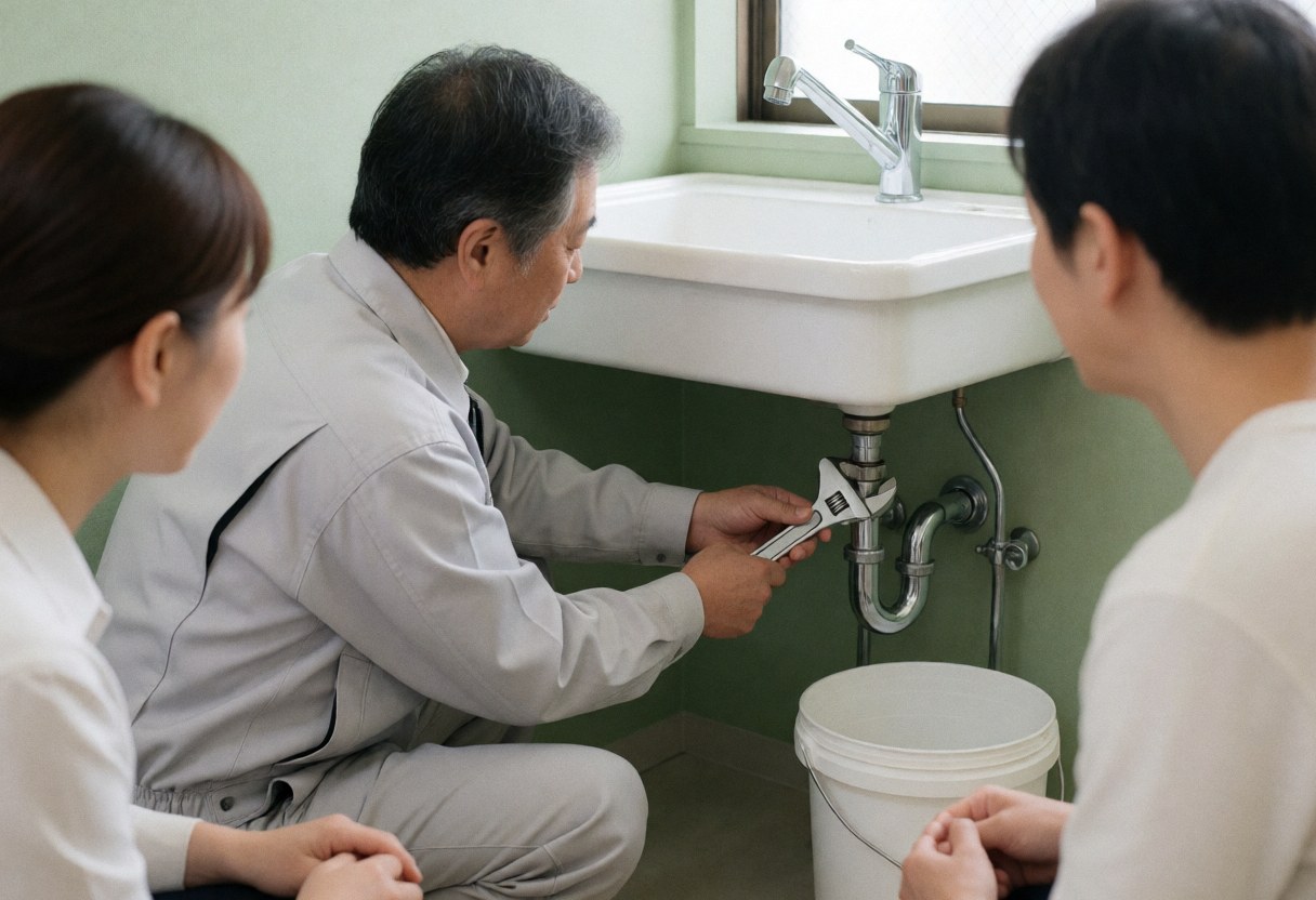 Plumber in gray uniform adjusting a pipe under a white sink while two clients watch in a room with a green wall.