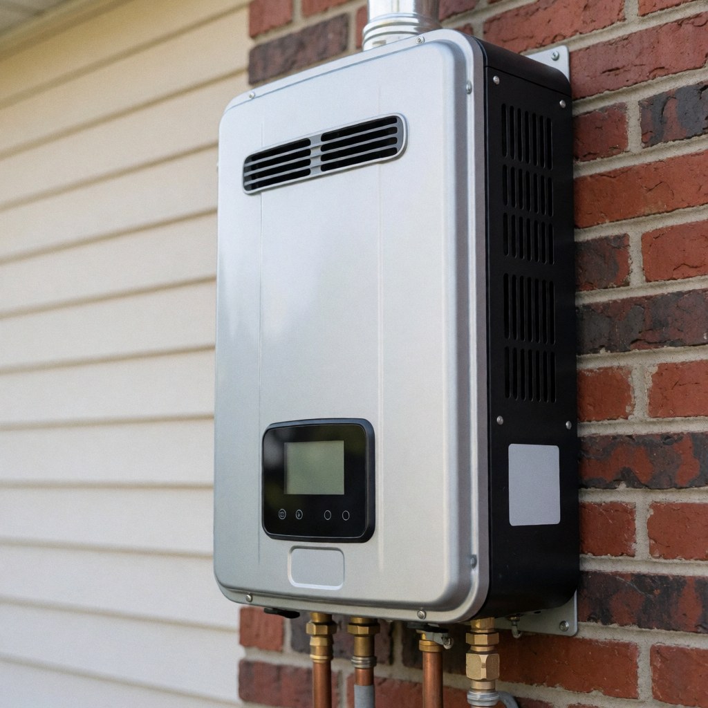 Tankless water heater installed on a brick wall with copper pipes for plumbing efficiency