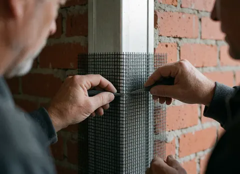 Close-up of a hand using a cutting tool to trim fiberglass mesh installed in an aluminum window frame against a red brick wall.