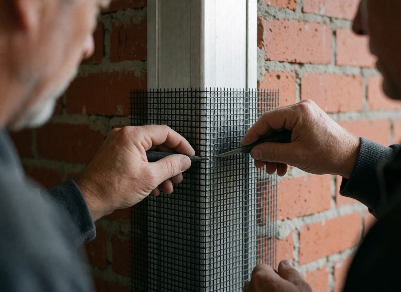 Close-up of a hand using a cutting tool to trim fiberglass mesh installed in an aluminum window frame against a red brick wall.