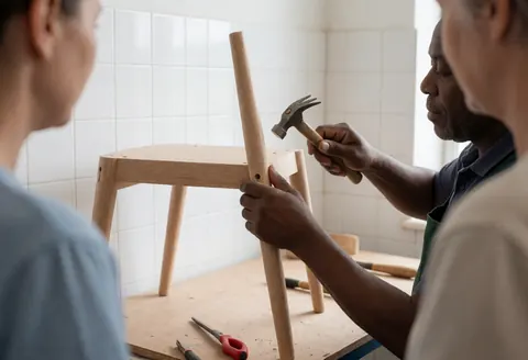 A man uses a hammer to repair a wooden chair while two others watch in a workshop with white tiled walls.