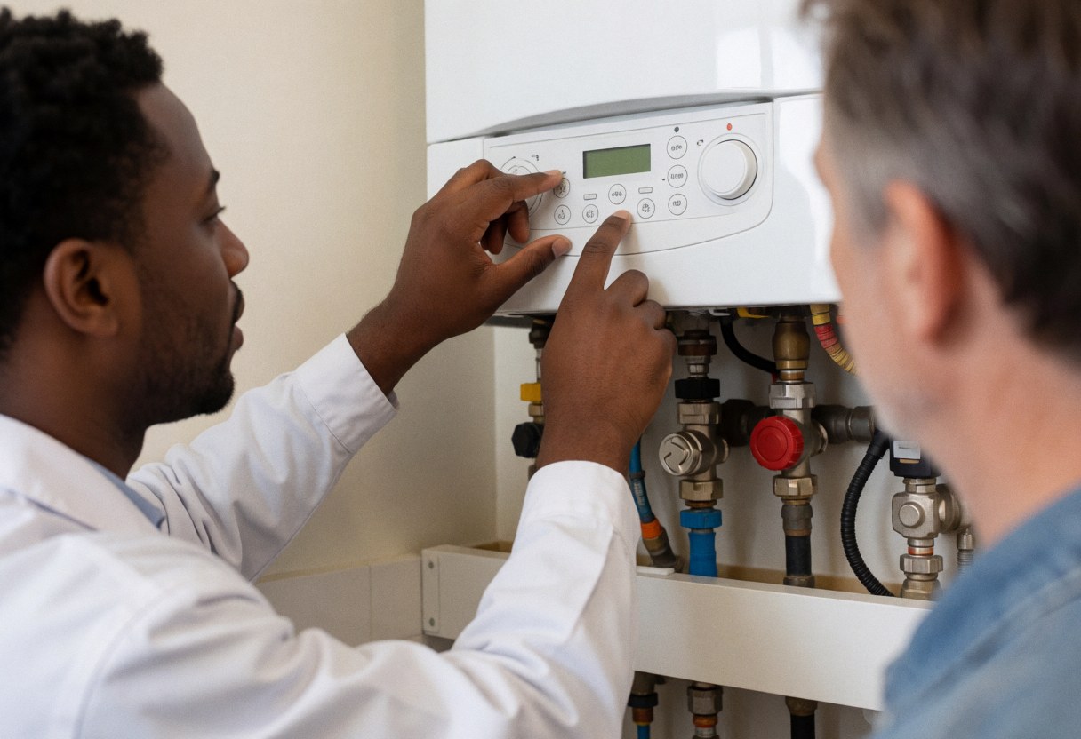 Technician adjusting digital boiler control panel with visible pipes and valves while a client observes the repair in a clean environment