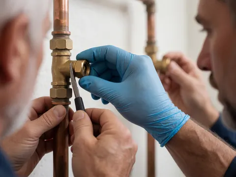A plumber uses a cutting tool to adjust a brass valve on a copper pipe during a repair service.