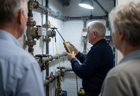 Technician using a detector to inspect gas pipes in a utility room with white brick walls and work lighting.