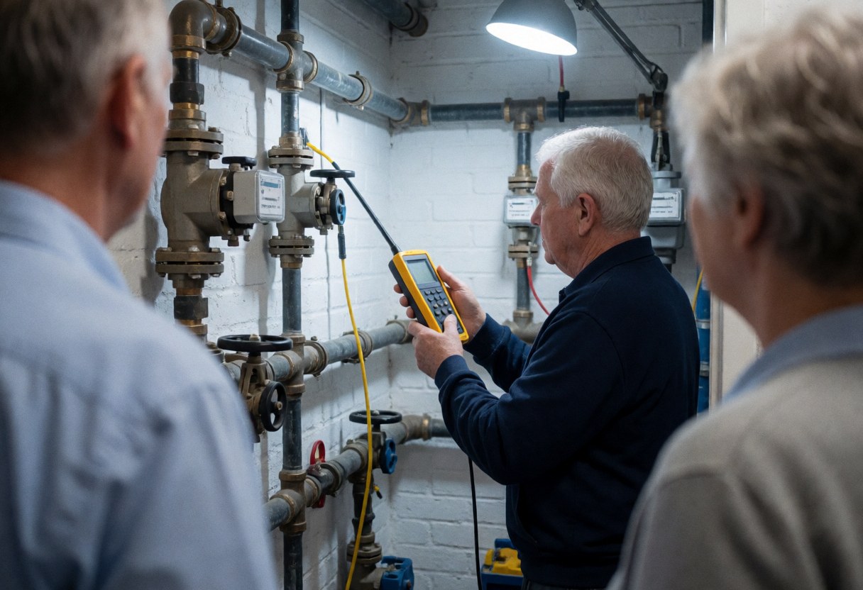 Technician using a detector to inspect gas pipes in a utility room with white brick walls and work lighting.