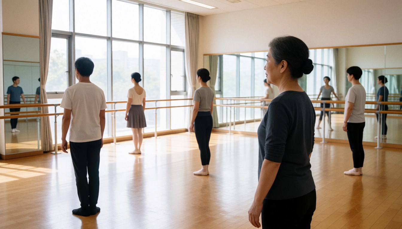 Dance instructor watching students during a ballet class in a studio with mirrors and wooden barres