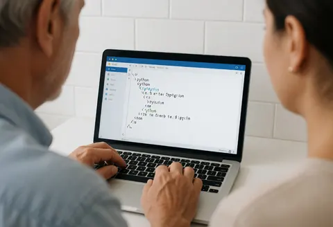 Close-up of hands typing Python code on a laptop keyboard with white tiled wall background for coding course service