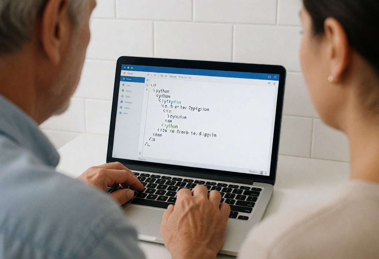 Close-up of hands typing Python code on a laptop keyboard with white tiled wall background for coding course service