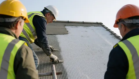 Three workers wearing helmets and vests apply plaster over fiberglass mesh on a roof under a clear sky