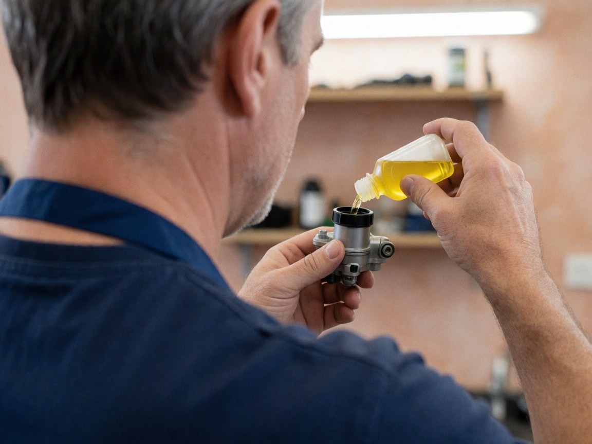 Close-up of a mechanic pouring yellow brake fluid into a brake cylinder during motorcycle repair service.