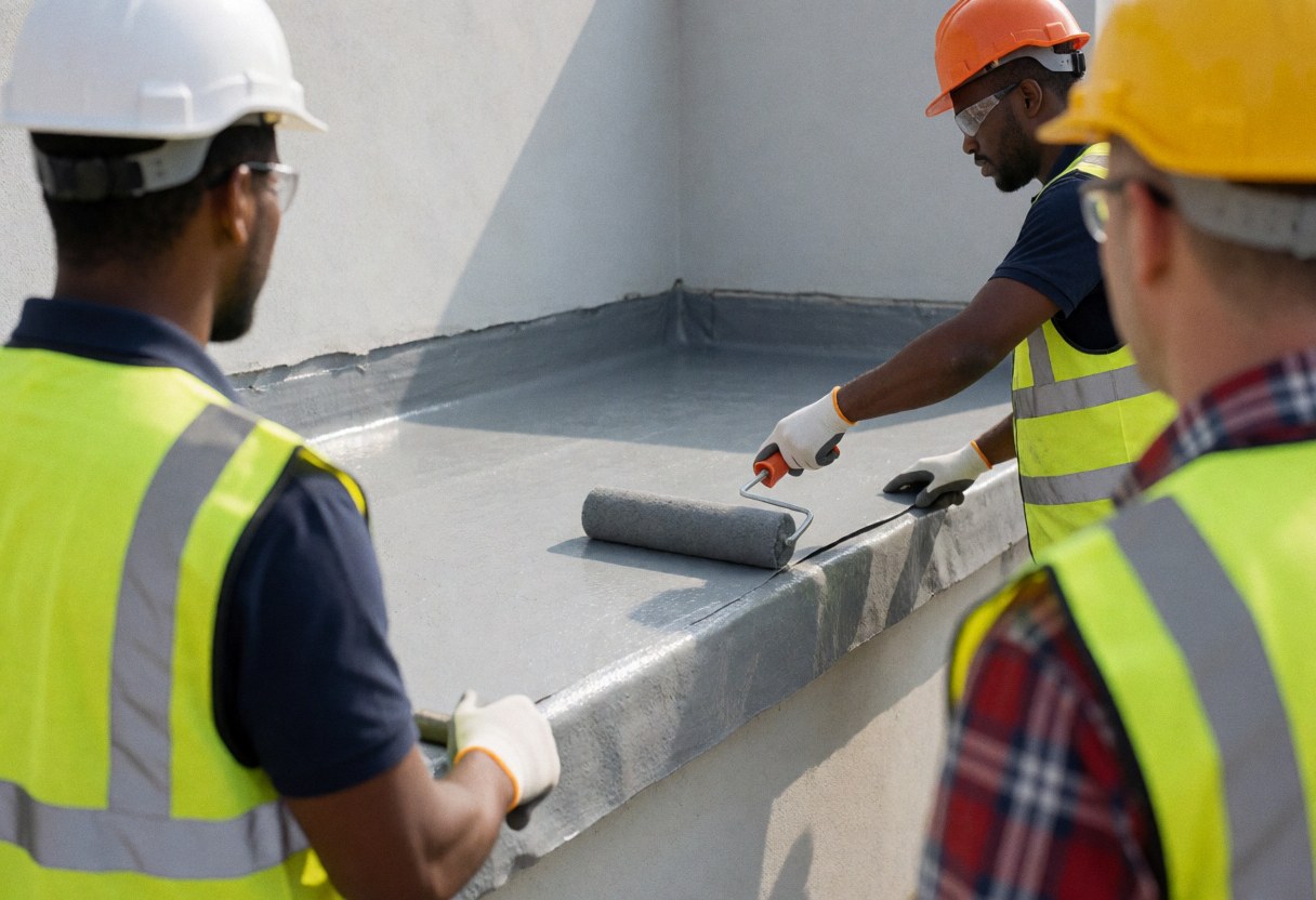 Worker applying waterproofing membrane on roof with roller, gray walls, reflective vests, and safety helmets