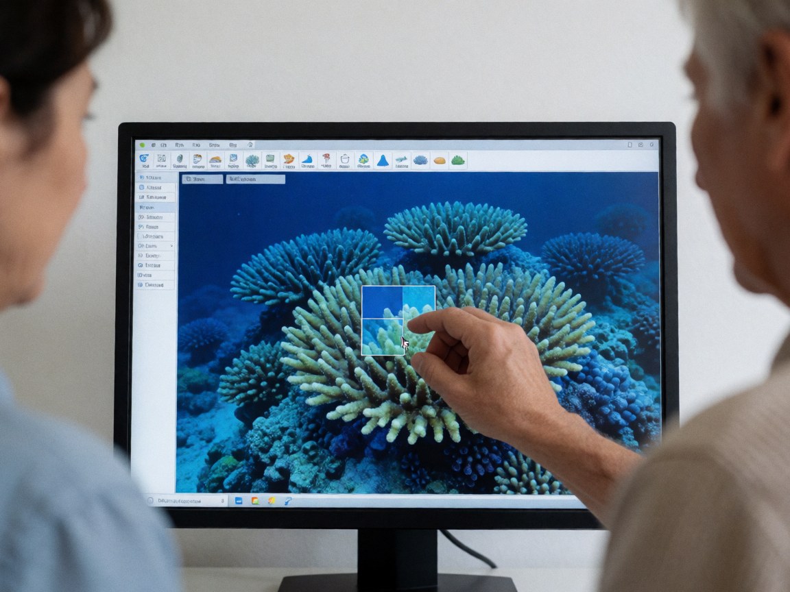 A hand points to a specific area on a computer screen displaying a 3D model of a coral reef, with a plain white wall in the background.