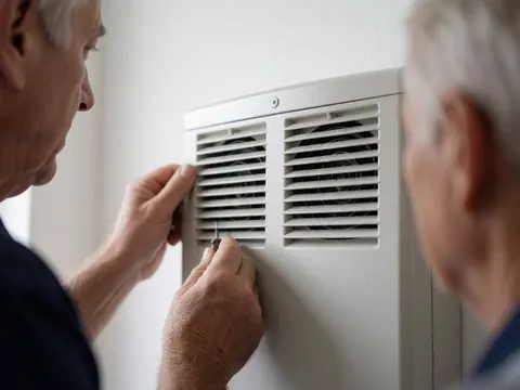 Technician adjusting ventilation grilles on a white wall with a tool during alarm repair service