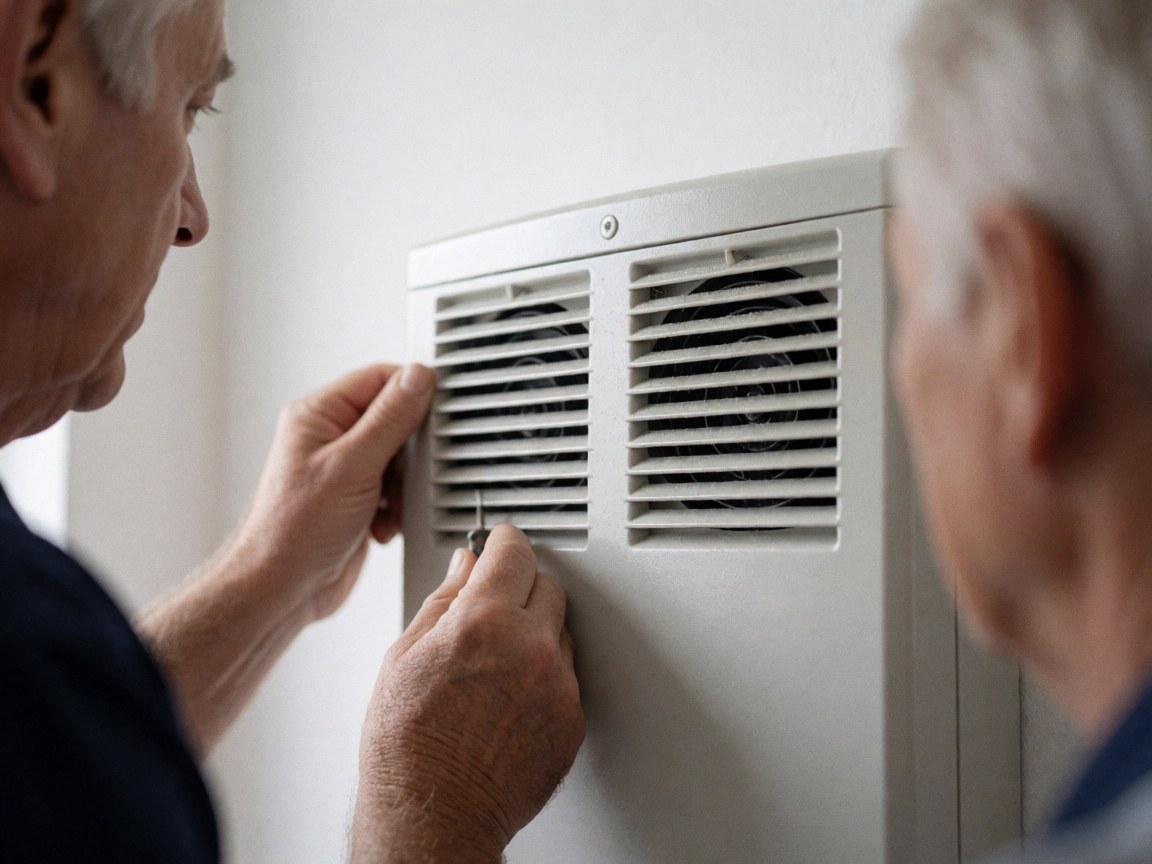 Technician adjusting ventilation grilles on a white wall with a tool during alarm repair service