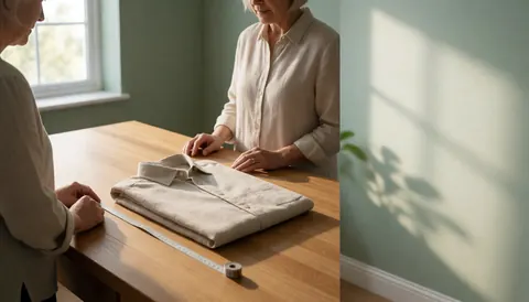 A woman measures a folded beige shirt on a wooden table in a sewing workshop with green walls and natural light.
