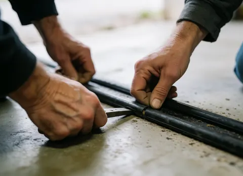 Hands of a technician adjusting black pipes on a concrete floor, showing a detailed view of pipe repair work.