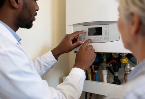 A technician in uniform adjusts the digital panel of a boiler with visible pipes in a room with light walls.