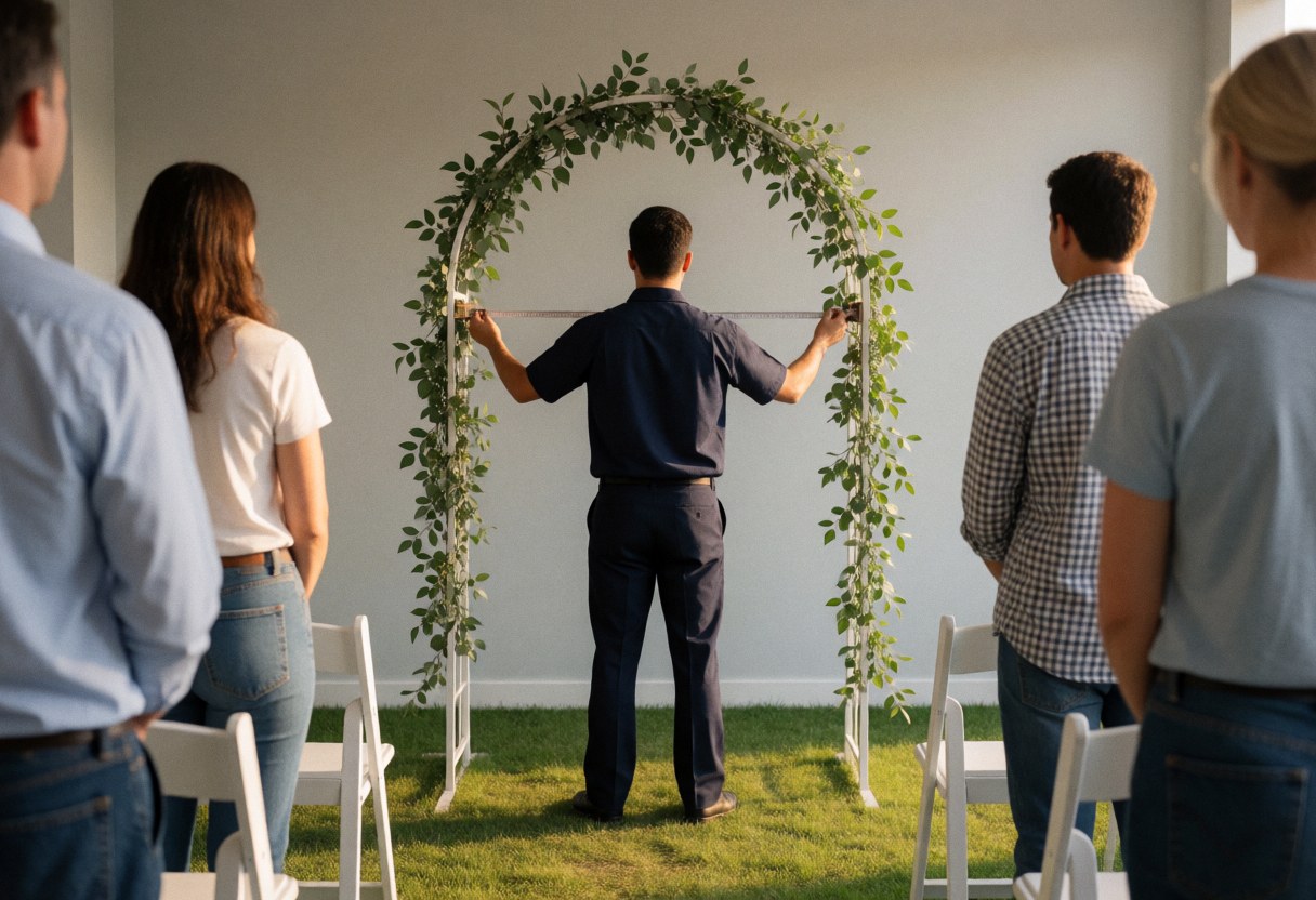 A man measures a white wedding arch with greenery for an outdoor ceremony surrounded by chairs and spectators on a lawn with light gray walls.