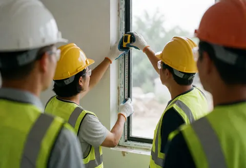 Three technicians wearing helmets and vests measure a window frame with a tape measure at a construction site.
