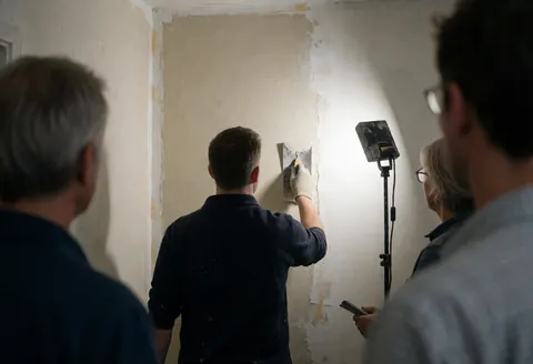 Technician applying waterproofing material to a wall with a trowel while three people observe closely
