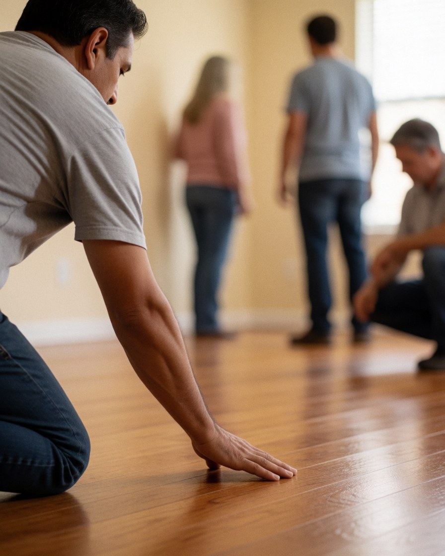 Close-up of a hand touching a newly installed hardwood floor in a living room with beige walls and warm lighting.