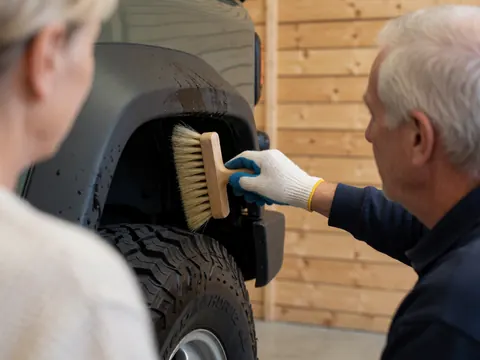A man wearing a glove uses a stiff-bristled brush to clean the wheel of an off-road vehicle while a woman observes from behind in a workshop with wooden walls.