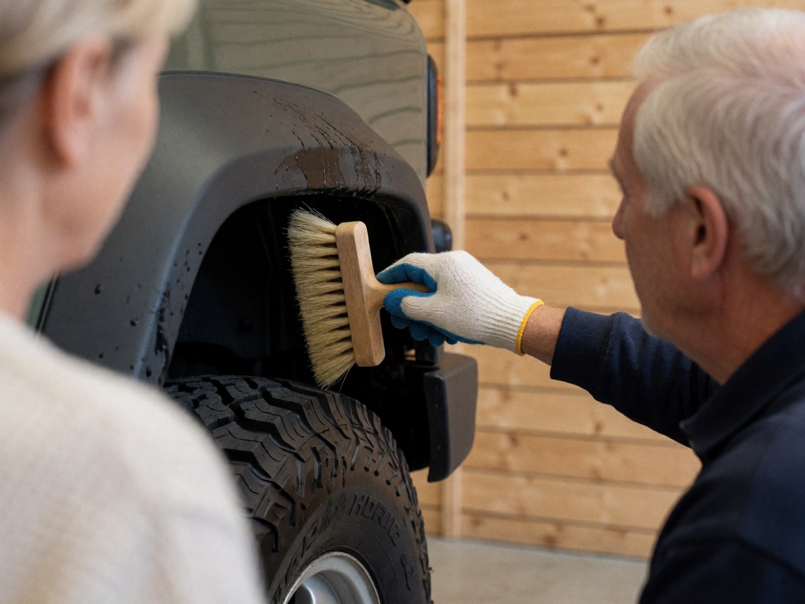 A man wearing a glove uses a stiff-bristled brush to clean the wheel of an off-road vehicle while a woman observes from behind in a workshop with wooden walls.