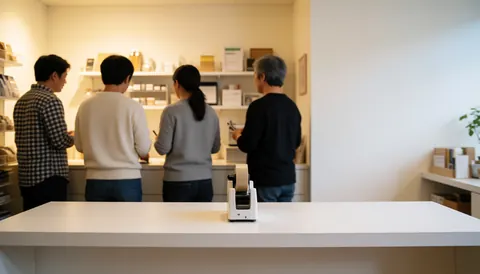 Four customers in a stationery shop with a white table and tape dispenser in foreground, organized shelves in background.