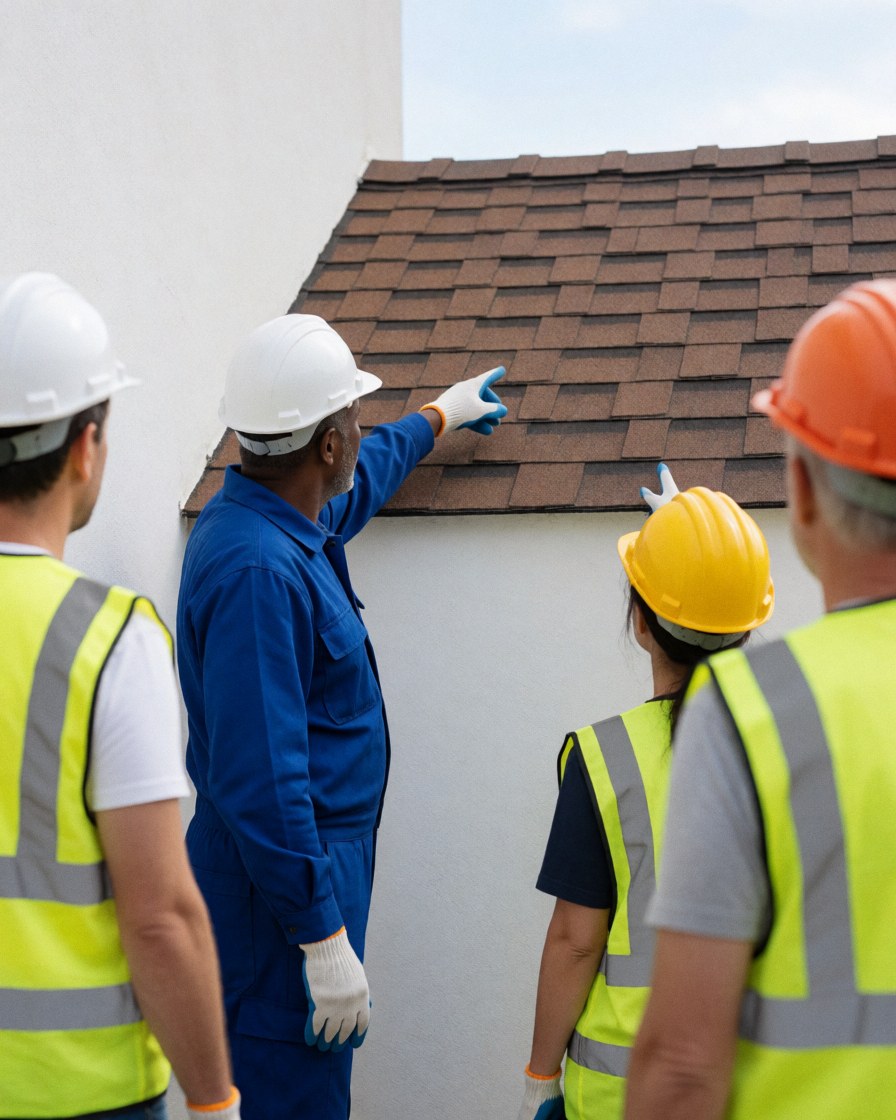 Worker in safety gear explaining a newly installed brown shingle roof on a white wall.